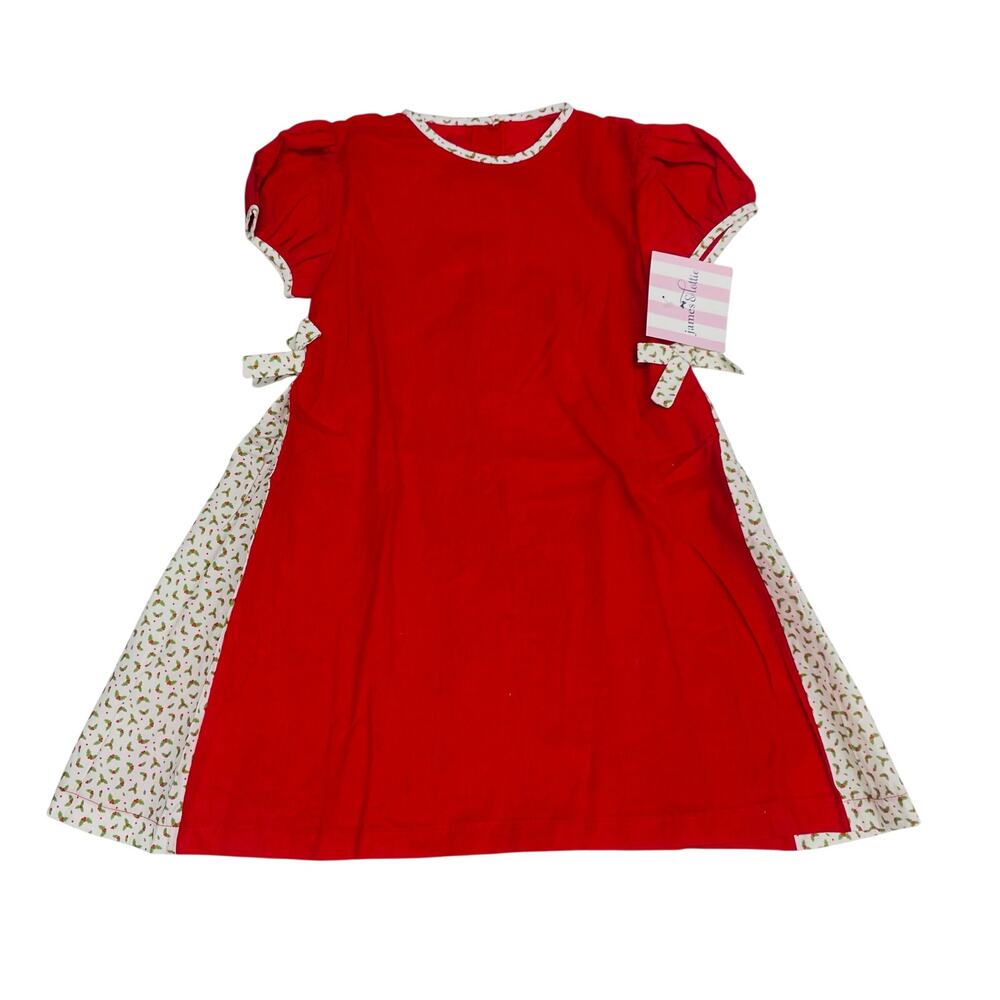 NWT James & Lottie Size 4T Cece Dress in Red Cord with Christmas Holly Accents